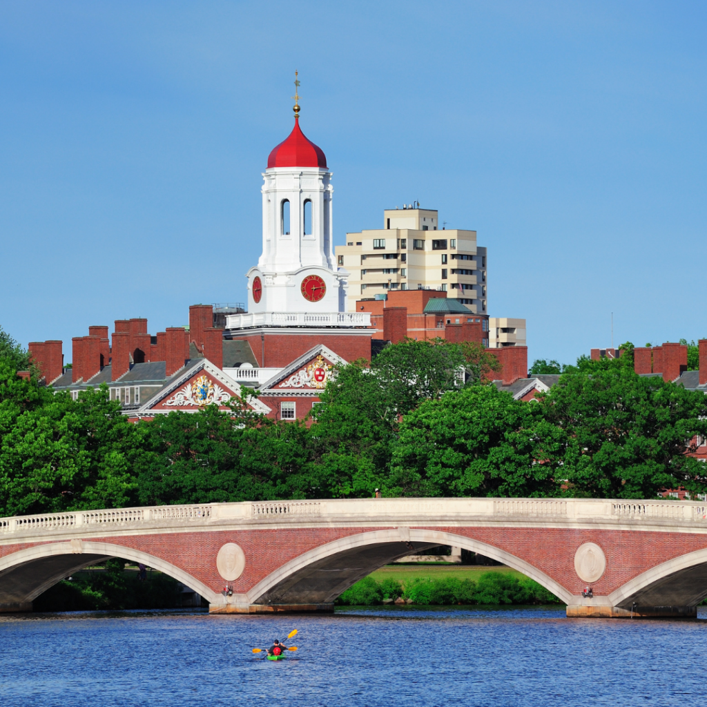 Photograph of a bridge across a river with a red-domed Harvard University building in the background.