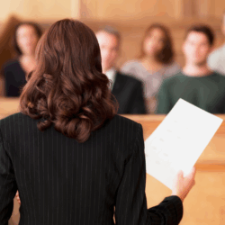 Commercial Litigation Photograph showing the back of a female lawyer holding a document and speaking to a jury.