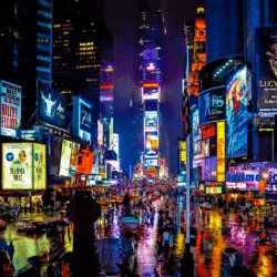 Hospitality, Food & Beverage A photograph of New York City's Times Square at night with many brightly colored lights and signs.