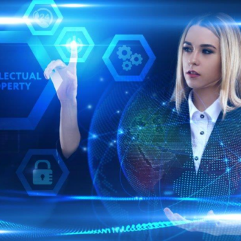 Intellectual Property & Information Technology Practices A photograph of a woman pressing a power button icon next to another icon that says "Intellectual Property."